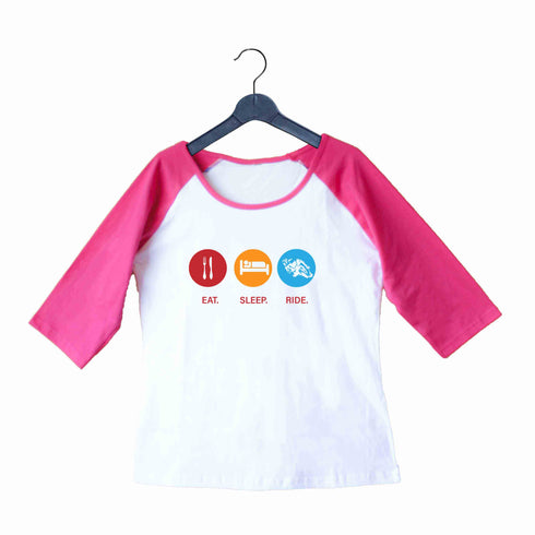 Biker Travel Wanderlust Eat Sleep Ride Custom Printed Graphic Design Raglan T-Shirt for Women